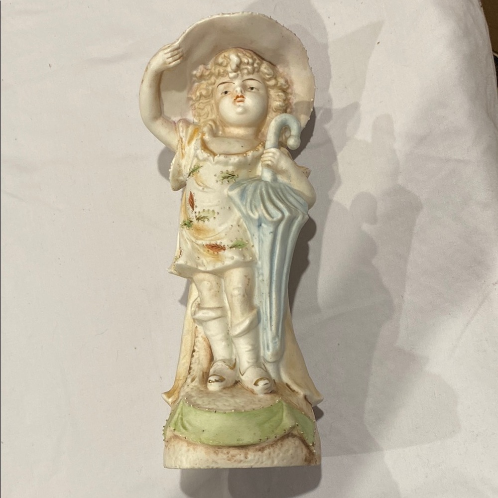 Vintage Bisque Porcelain Hand Painted Figurine with Umbrella 9” approx